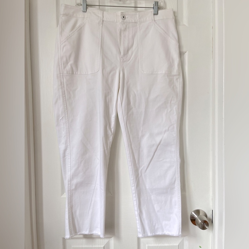 J. Jill White Denim Pants High Rise Fringe Hem Crop Size 16 Regular